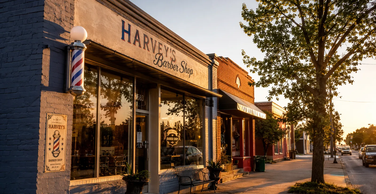 A neighborhood barbershop storefront on a small-business street at golden hour