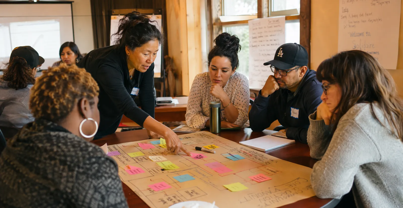 A workshop table covered in a hand-drawn workflow map and sticky notes, with participants gathered around it